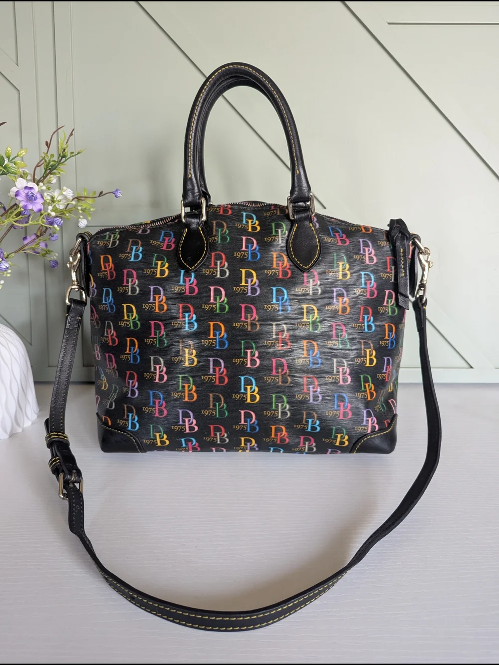 Dooney & Bourke Black Satchel with Multicolor DB Logo Print